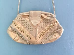 Vintage 1980s Studded Leather Bag 80s Glam Leather Chevron Patchwork